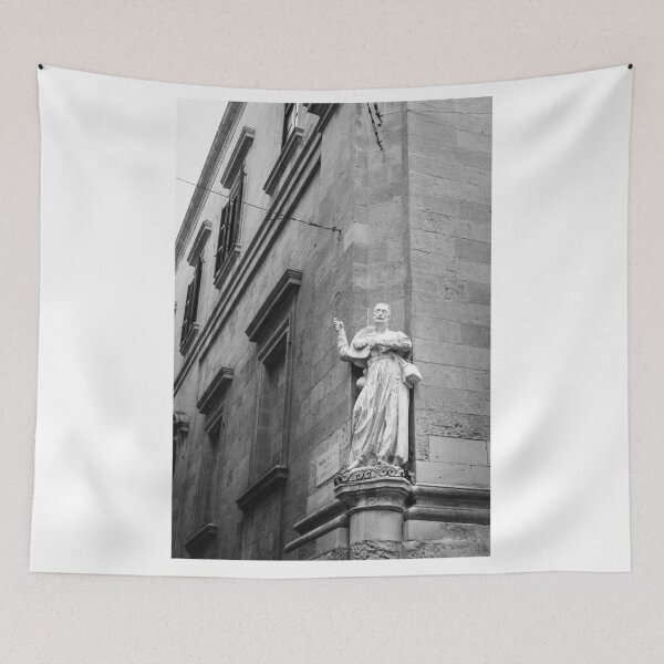 Item preview, Historic Stone Statue On Corner Of Old Building In Black And White Urban Architecture Photograph designed and sold by Nmallia.