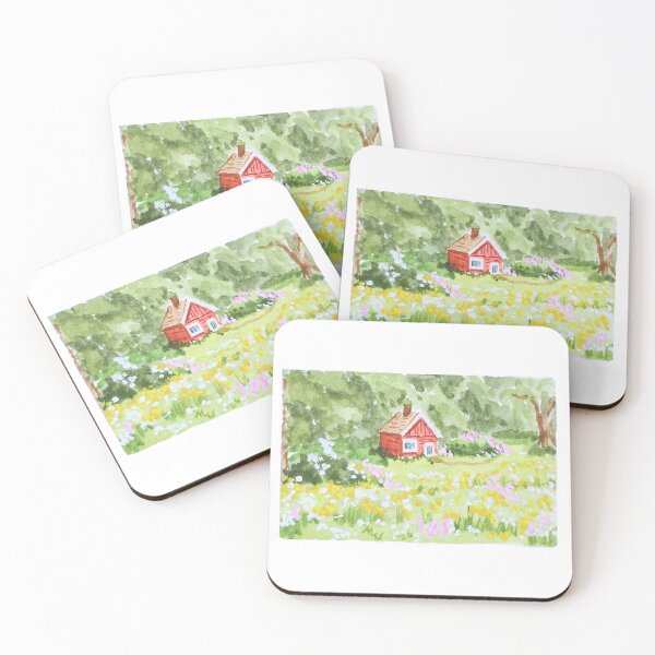 Item preview, Tiny Red Cottage in a Field of Flowers designed and sold by Cornflowersart.