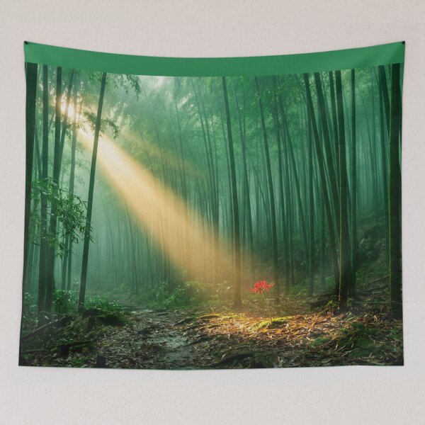 Item preview, Bamboo forest in the mist – golden sunbeam and red flower designed and sold by Malisa345.