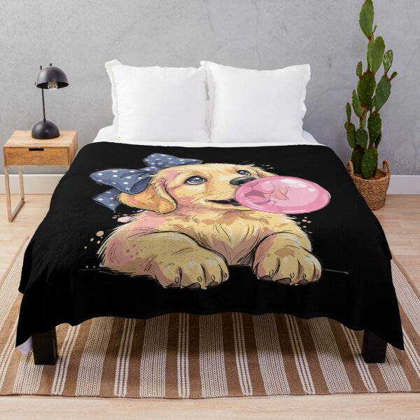 Item preview, Golden Retriever Puppy Blowing Bubblegum - Cute Dog with Polka Dot Bow Art designed and sold by The Real Life Symphony.