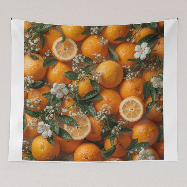 Aperçu de l'œuvre Oranges fraîches avec fond de feuilles et de fleurs créée et vendue par TanyaLovus.