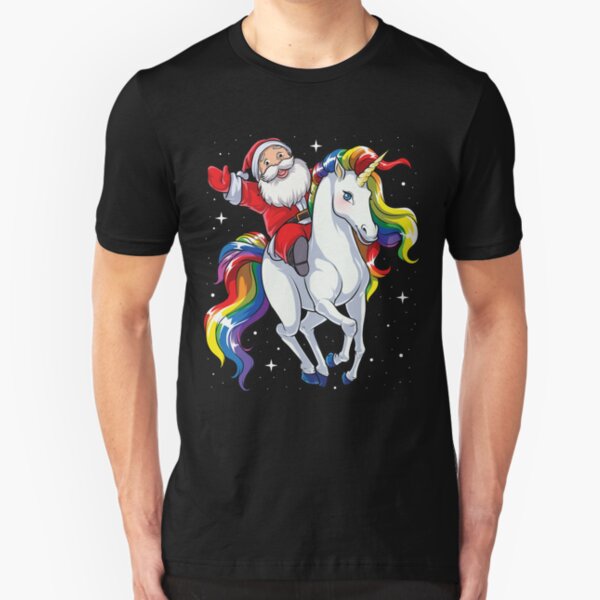 Santa Riding Unicorn T Shirt Christmas Gifts Rainbow Space Xmas T-shirt Gifts Ideas Slim Fit T-Shirt