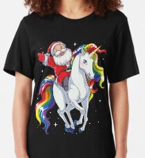 Santa Riding Unicorn T Shirt Christmas Gifts Rainbow Space Xmas T-shirt Gifts Ideas Slim Fit T-Shirt