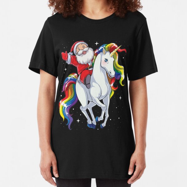Santa Riding Unicorn T Shirt Christmas Gifts Rainbow Space Xmas T-shirt Gifts Ideas Slim Fit T-Shirt