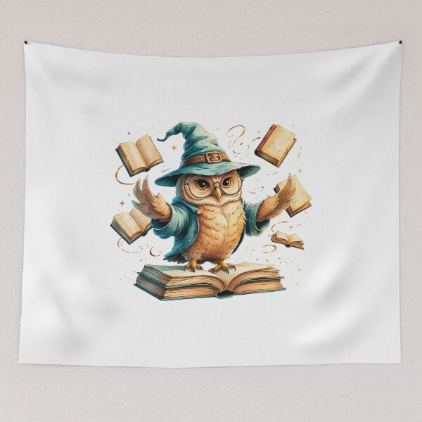 Item preview, Wise Owl Wizard Reading Floating Magic Books Fantasy Art designed and sold by AQUILAKREO.