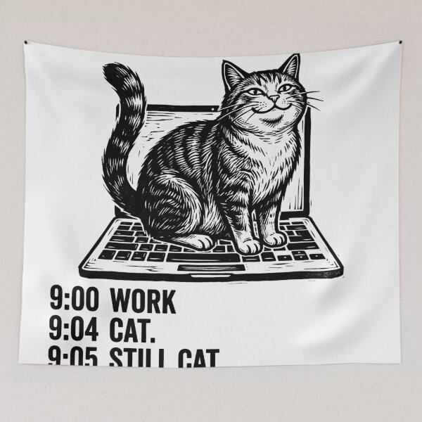 Item preview, Funny WFH Cat Schedule Woodcut Humor designed and sold by GrafTeesLab.