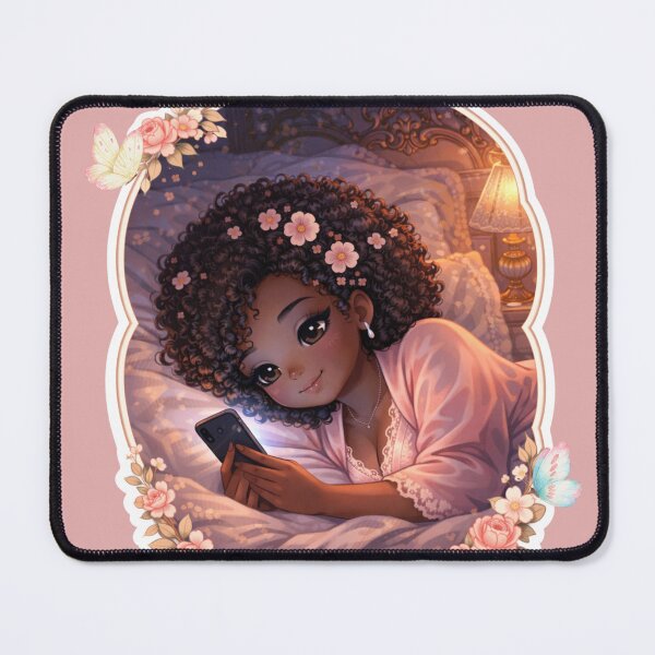 Item preview, Cozy Night Routine Girl on Phone – Soft Aesthetic Black Girl Bedtime Self Care Art designed and sold by PrincSaraStudio.