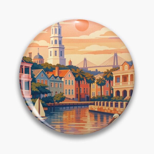 Item preview, Charleston waterfront pastel homes sunset travel poster designed and sold by MatthewHeights.