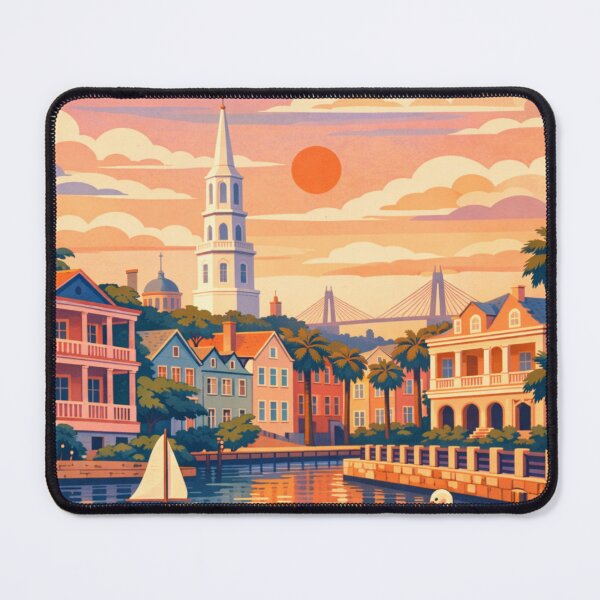 Item preview, Charleston waterfront pastel homes sunset travel poster designed and sold by MatthewHeights.
