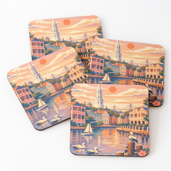 Item preview, Charleston waterfront pastel homes sunset travel poster designed and sold by MatthewHeights.