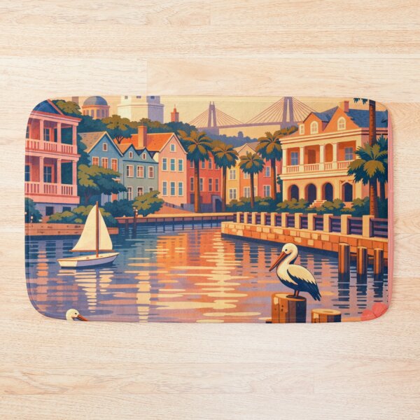 Item preview, Charleston waterfront pastel homes sunset travel poster designed and sold by MatthewHeights.