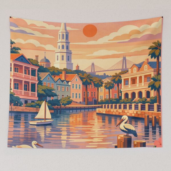 Item preview, Charleston waterfront pastel homes sunset travel poster designed and sold by MatthewHeights.