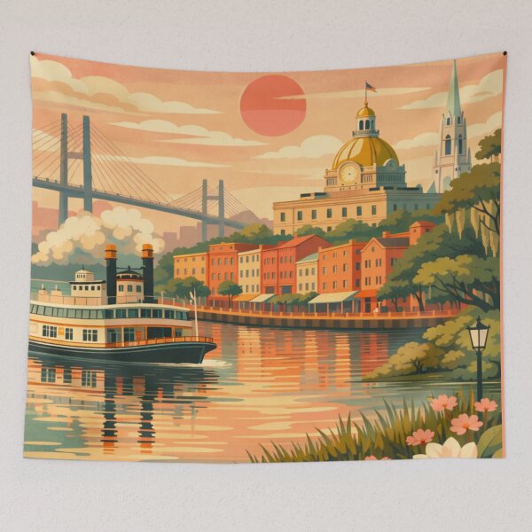 Item preview, Savannah riverfront ferry sunset travel poster designed and sold by MatthewHeights.
