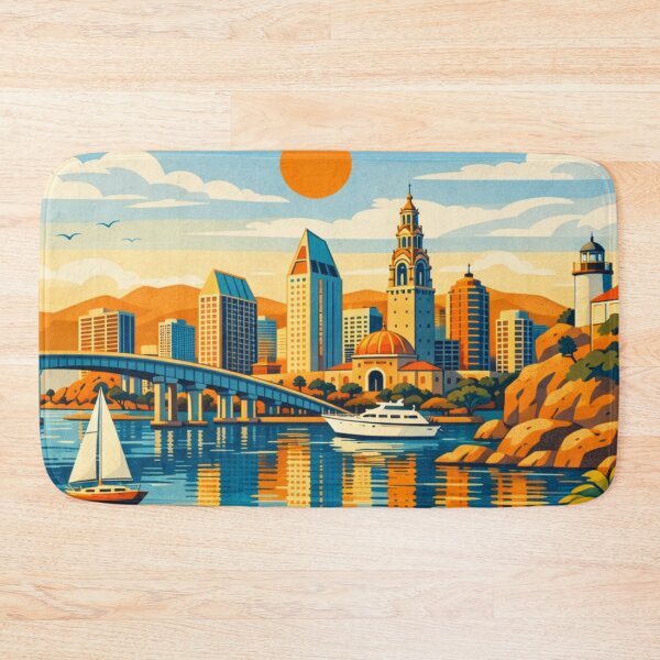 Item preview, San Diego coastal skyline beach sunset travel poster designed and sold by MatthewHeights.
