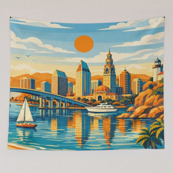Item preview, San Diego coastal skyline beach sunset travel poster designed and sold by MatthewHeights.