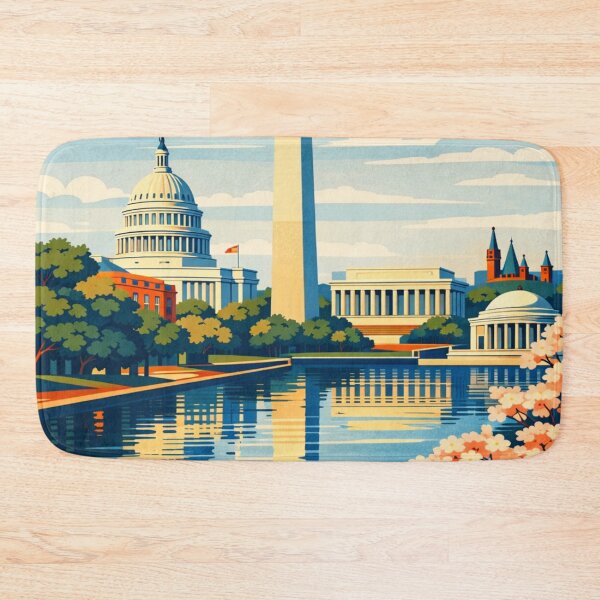 Item preview, Washington DC cherry blossom monument reflection travel poster designed and sold by MatthewHeights.