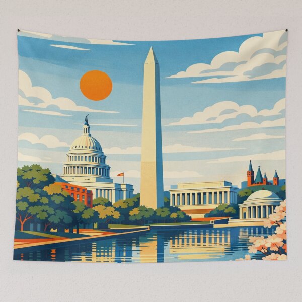 Item preview, Washington DC cherry blossom monument reflection travel poster designed and sold by MatthewHeights.