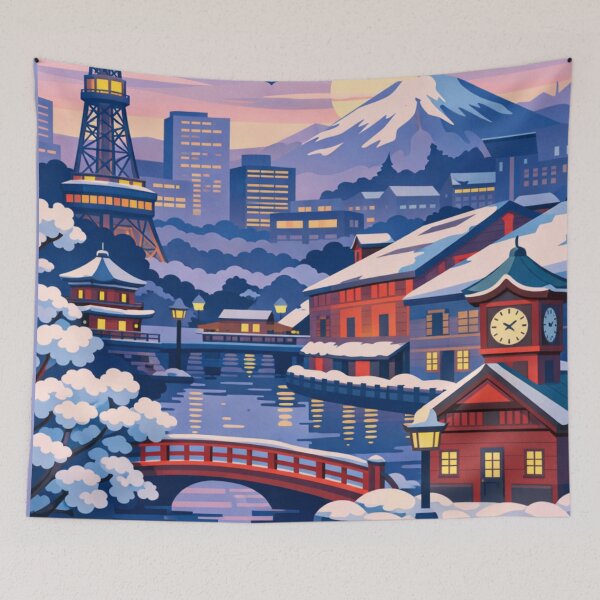 Item preview, Sapporo Japan snowy canal skyline travel poster designed and sold by MatthewHeights.