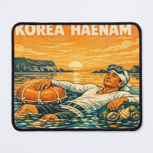 Item preview, KOREA HAENAM - Male Sea Diver Resting at Sunrise Jeju Island Retro Vintage Poster designed and sold by KOREA-HAENAM.