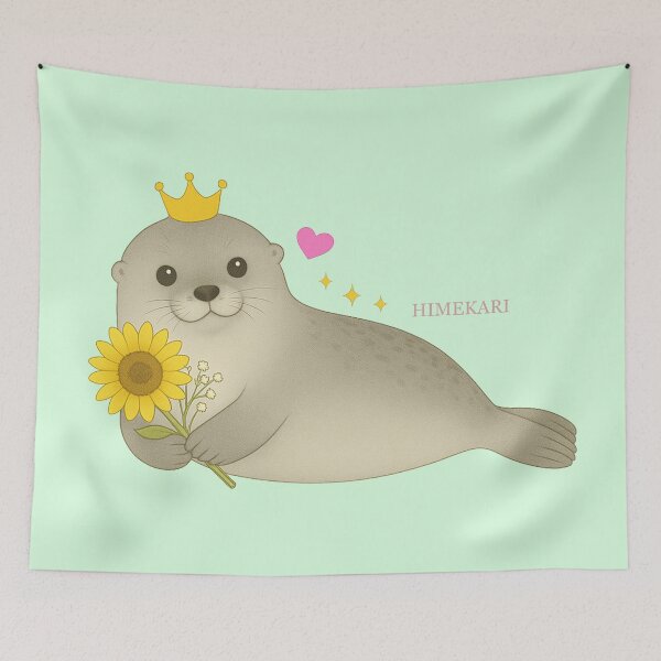 Item preview, Fluffy Gray Seal with Sunflowers - Solid Mint designed and sold by HIMEKARI.