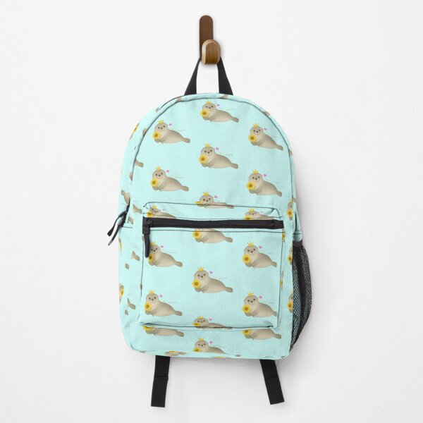 Item preview, Fluffy Gray Seal with Sunflowers - Solid Blue designed and sold by HIMEKARI.