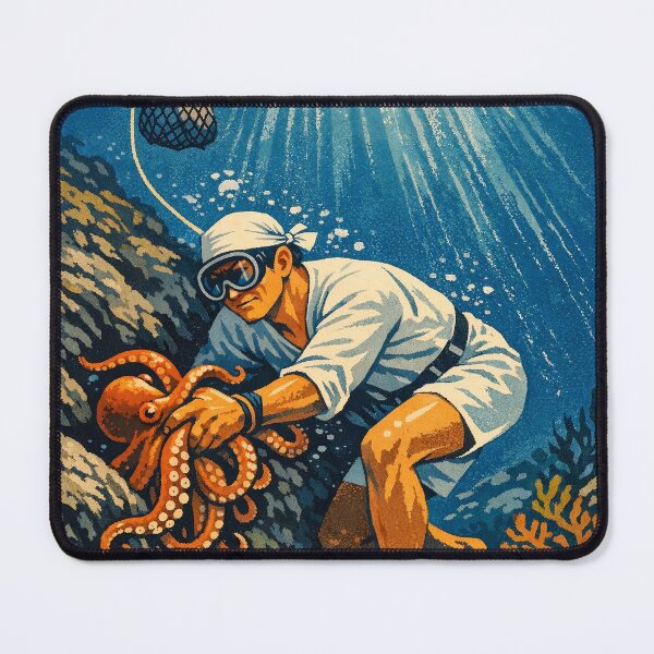 Item preview, KOREA HAENAM - Male Sea Diver Hunting Octopus Jeju Island Retro Vintage Poster designed and sold by KOREA-HAENAM.