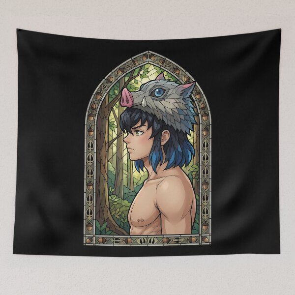 Item preview, Inosuke Hashibira Demon Slayer Forest Profile Stained Glass designed and sold by mildaclairmo.