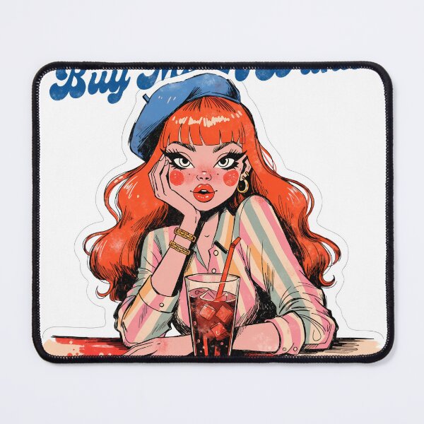 Item preview, A cartoon woman with red hair and a blue beret sitting at a table with a drink on transparent background designed and sold by Creative88Art.