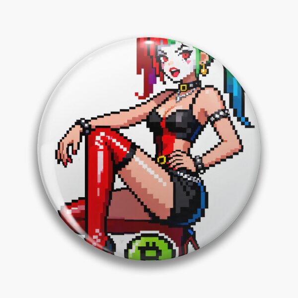 Item preview, A pixelated illustration of Harley Quinn sitting on a platform with a Bitcoin logo on transparent background designed and sold by Creative88Art.