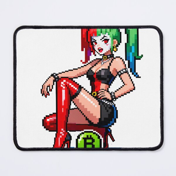 Item preview, A pixelated illustration of Harley Quinn sitting on a platform with a Bitcoin logo on transparent background designed and sold by Creative88Art.