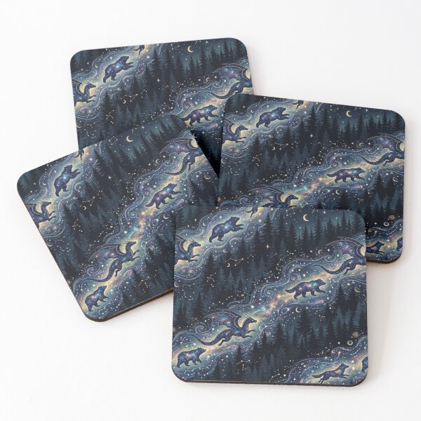 Item preview, Celestial River Pattern: Stardust Drakes, Bears & Wolves in Pine Forest designed and sold by InnerwayStudio.