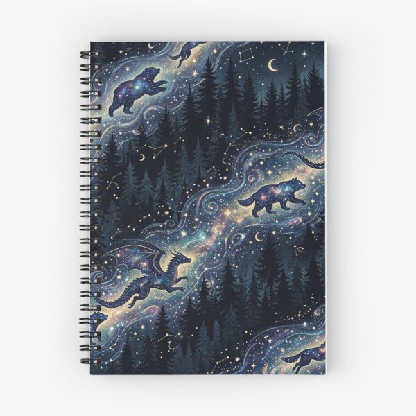 Item preview, Celestial River Pattern: Stardust Drakes, Bears & Wolves in Pine Forest designed and sold by InnerwayStudio.