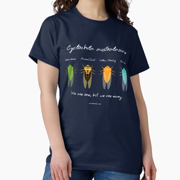 Vista previa del artículo con la obra «"Somos uno" - Cyclochila australasiae cigarra (camisas de color oscuro)», diseñado y vendido por cicadarama.