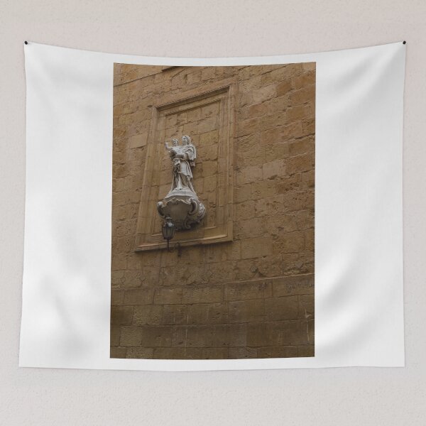 Item preview, Madonna And Child Statue On Historic Stone Wall In Ornate Niche With Lantern designed and sold by Nmallia.