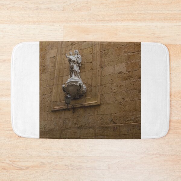Item preview, Madonna And Child Statue On Historic Stone Wall In Ornate Niche With Lantern designed and sold by Nmallia.