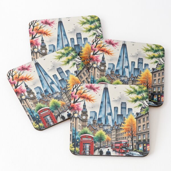 Item preview, London rainy street in spring with Shard, red bus, red phone box designed and sold by Coolparrotgirl.