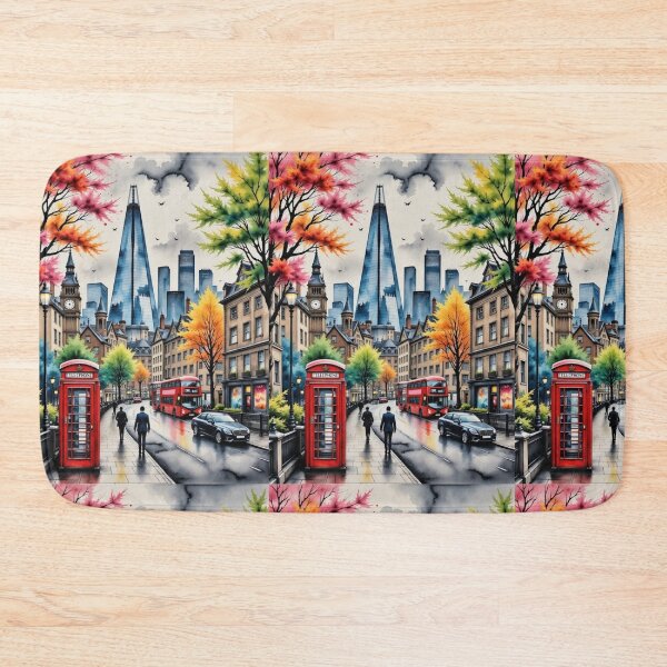 Item preview, London rainy street in spring with Shard, red bus, red phone box designed and sold by Coolparrotgirl.
