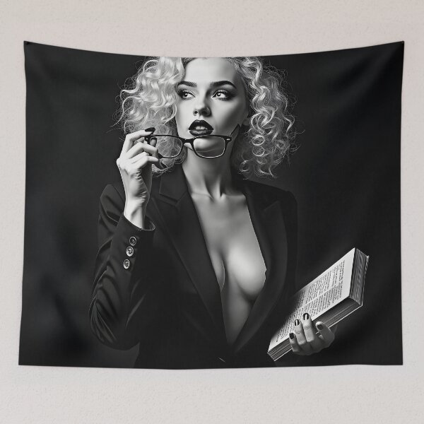 Item preview, Monochrome Muse – Elegant Woman with Book & Glasses designed and sold by Huskyyy Designs.