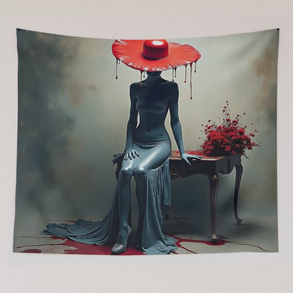 Item preview, Crimson Silence – Surreal Woman in Dripping Red Hat designed and sold by Huskyyy Designs.