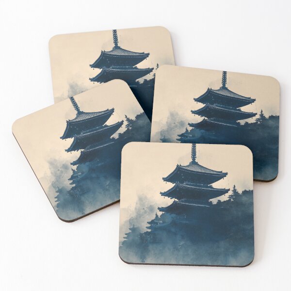 Item preview, Japanese Temple Art Print | Atmospheric Ink Wash Pagoda | Moody Japandi Decor | Indigo Landscape Wall Art designed and sold by yugenprint.