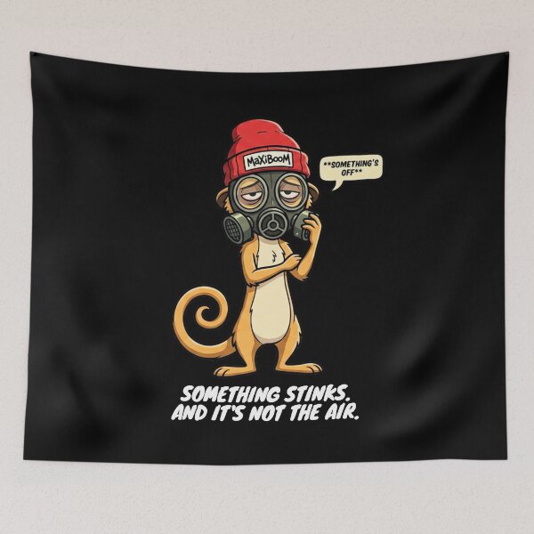Item preview, Something Stinks - Sarcastic 90s Cartoon Meerkat in Gas Mask designed and sold by mAXiBoOM.