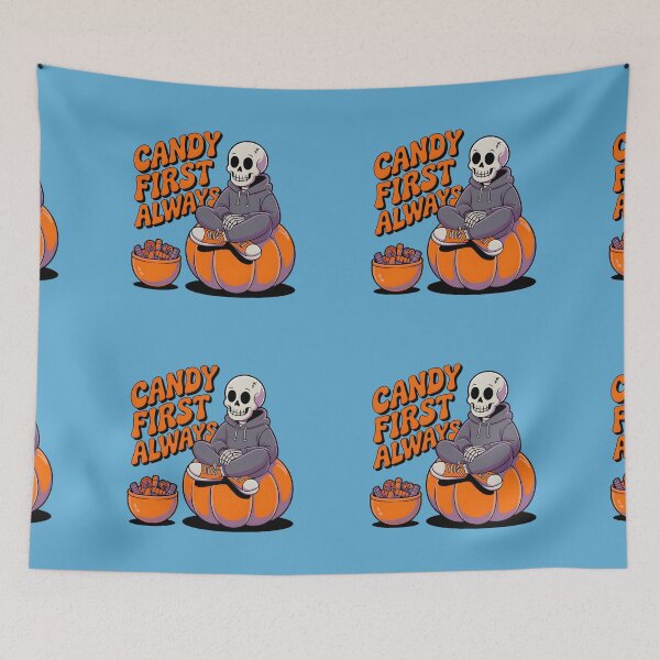 Item preview, Candy First Always Skeleton Sitting on Pumpkin – Cute Halloween Candy Lover Design designed and sold by Raw Tigers.