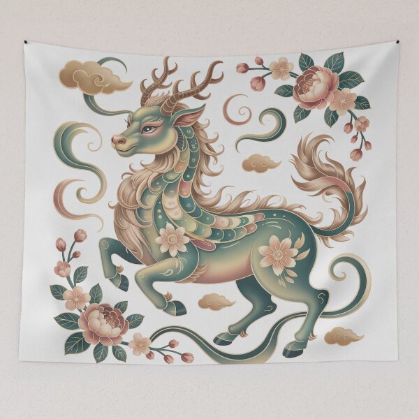 Item preview, Qilin Mythical Creature Art – Chinese Zodiac Feng Shui Decorative Illustration designed and sold by Tamas Das.