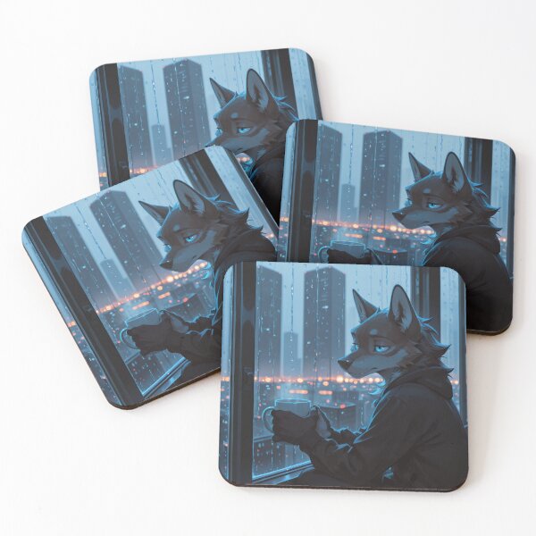 Item preview, Anthro Wolf Rainy Night Window | Furry Art Cozy City Aesthetic designed and sold by LexYote.
