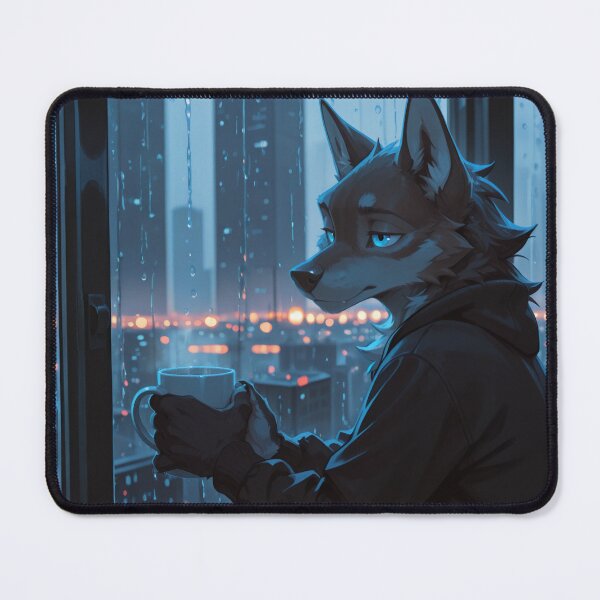 Item preview, Anthro Wolf Rainy Night Window | Furry Art Cozy City Aesthetic designed and sold by LexYote.