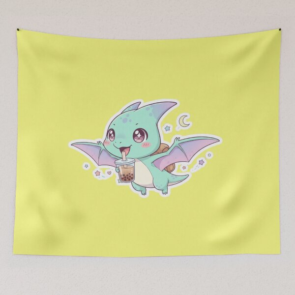 Item preview, Kawaii Baby Pterodactyl Drinking Boba Tea Milk Tea Cute Pastel Dinosaur Chibi Art designed and sold by bvdesignart.