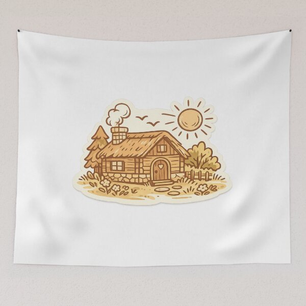 Item preview, Cozy Cottage Sunny Day Sticker — Rustic Log Cabin Boho Farmhouse Warm Aesthetic Cottagecore Vintage Sketch Art designed and sold by CosyCush.
