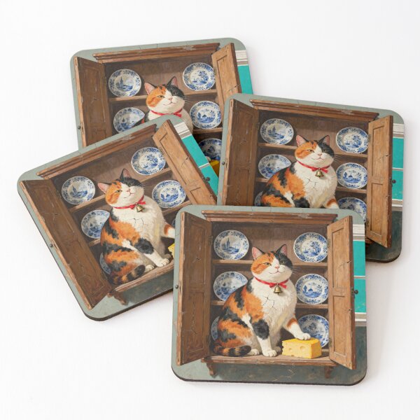 Item preview, Calico Cat Cupboard - Primitive Folk Art Portrait designed and sold by PictorialWhimsy.