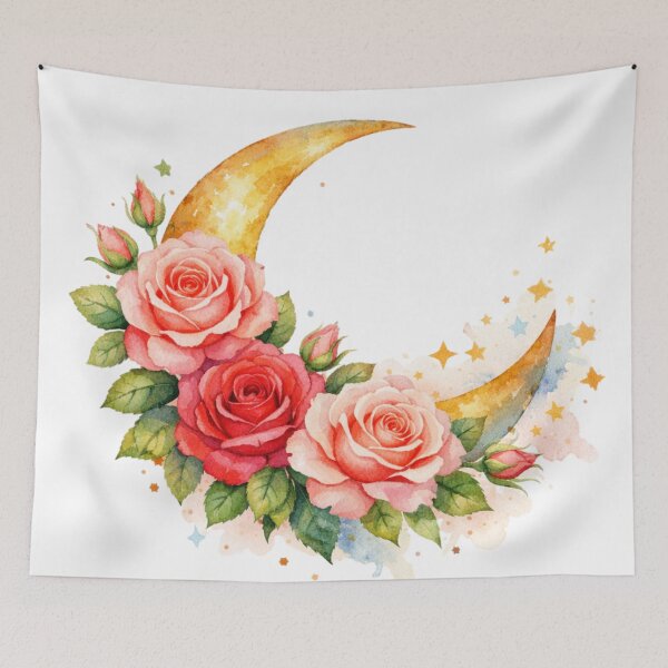 Item preview, Celestial Rose Crescent Moon Watercolor Art designed and sold by TessaraDesigns.