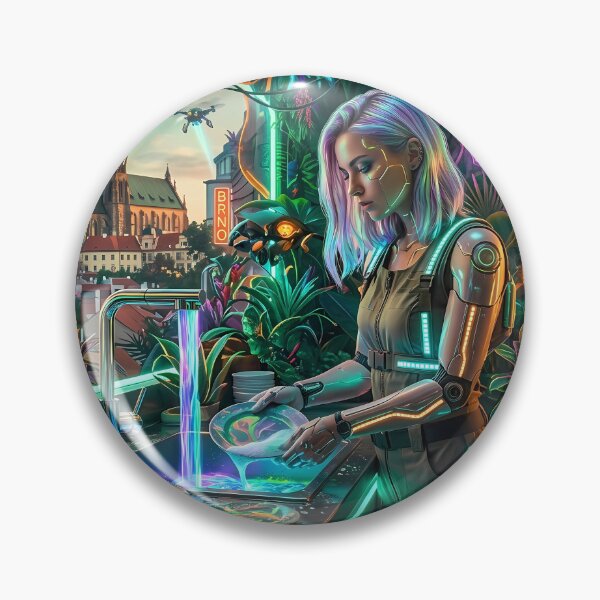 Item preview, Cyberpunk Woman Doing Dishes in the Future Art designed and sold by BrnoArtCZAI.